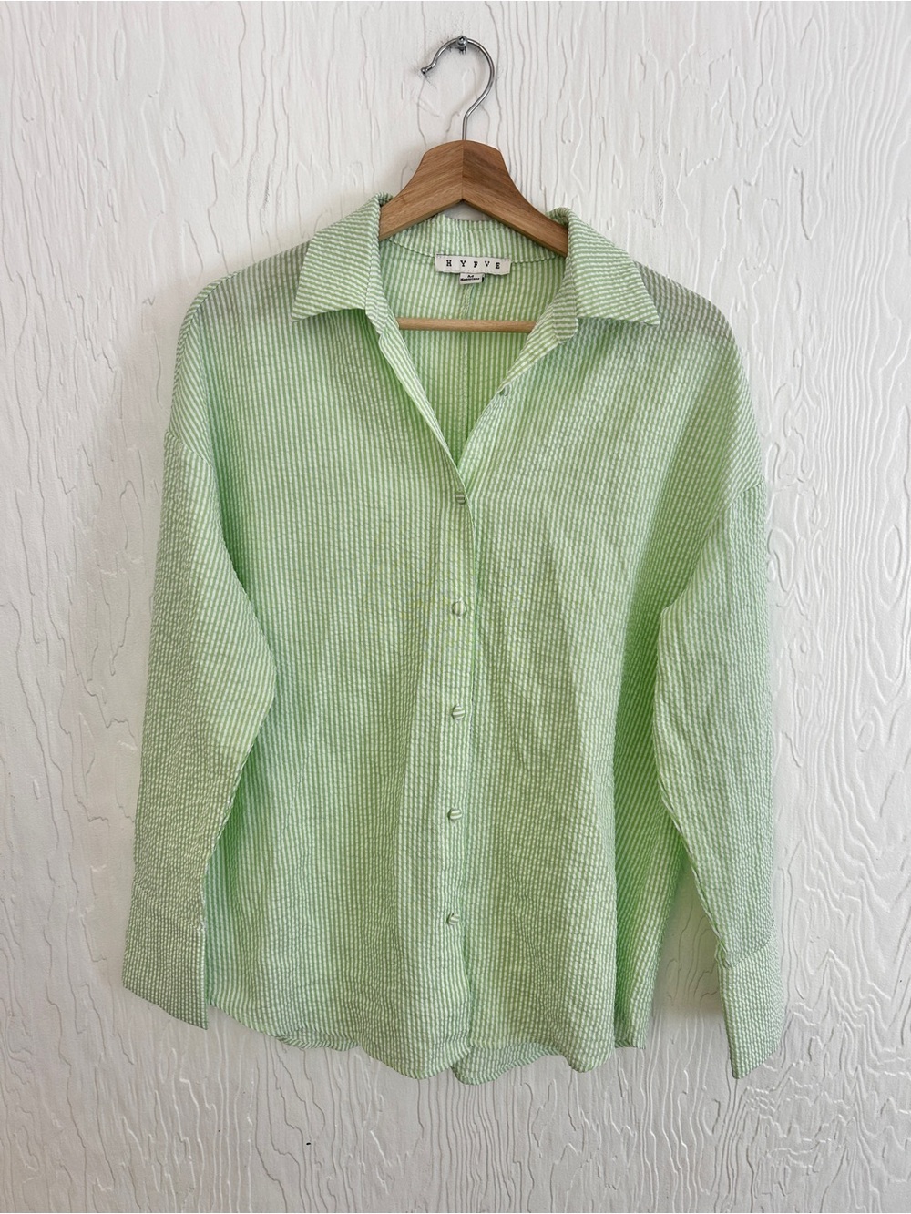 HYFVE Green White Striped Buttondown Crinkle Cotton Medium Coastal Relaxed Layer